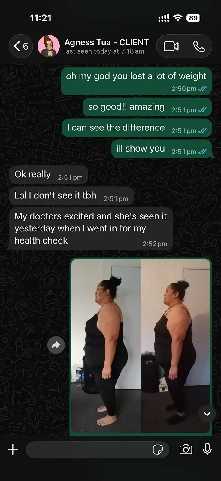 Agness's client check-in with Richard
