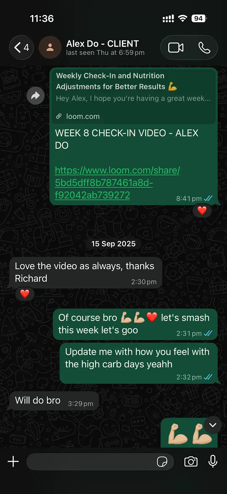 Alex D.'s client check-in with Richard