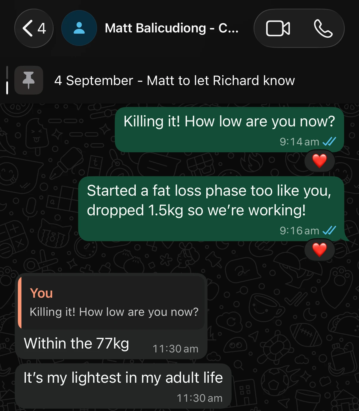 Matt's progress message to Richard