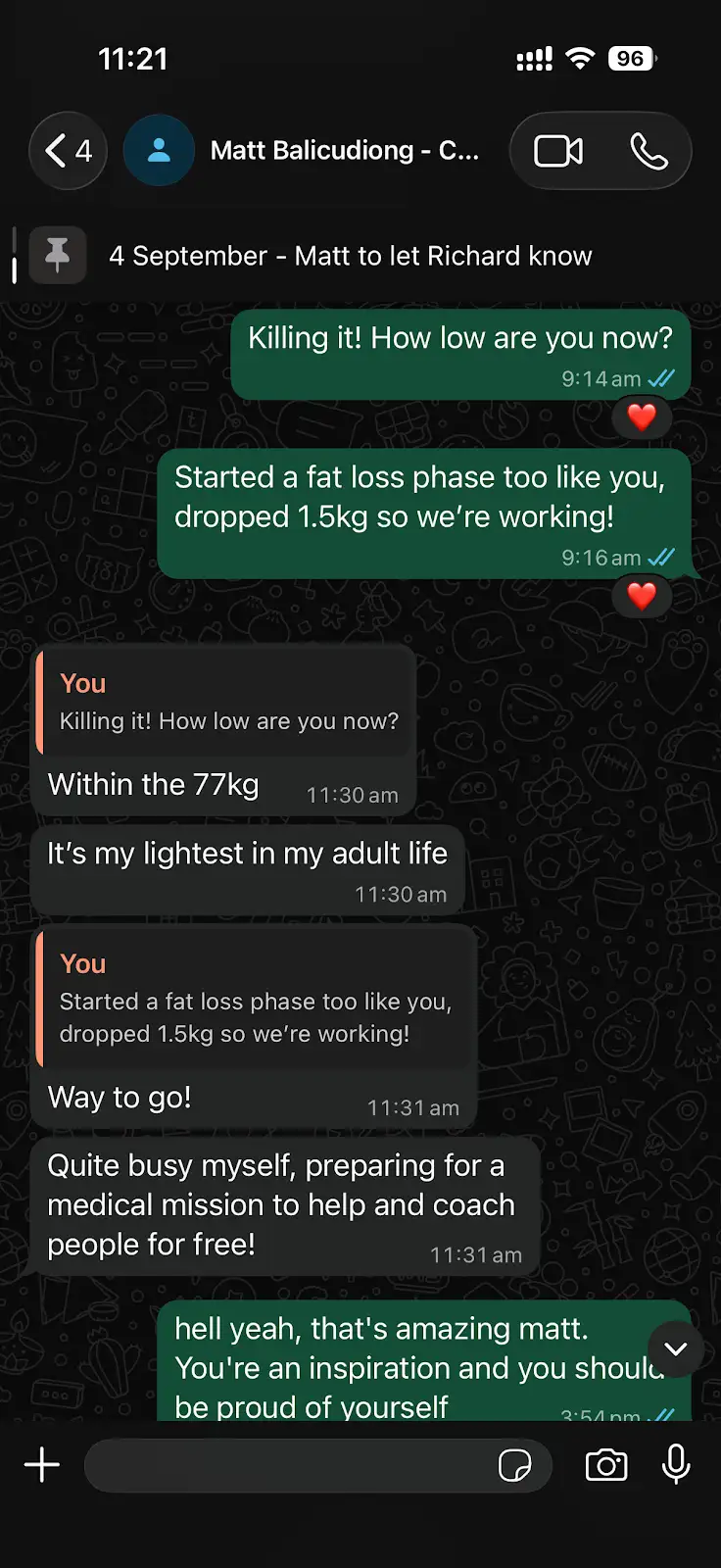 Matt's progress message to Richard